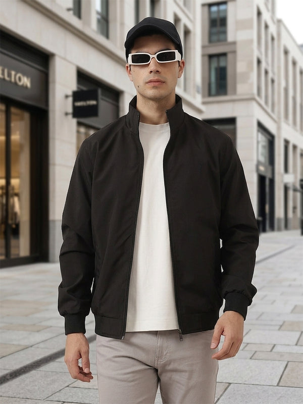 Black Regular Fit Solid Full Sleeves Stand Collar Zip-Front Casual Bomber Jacket For Men