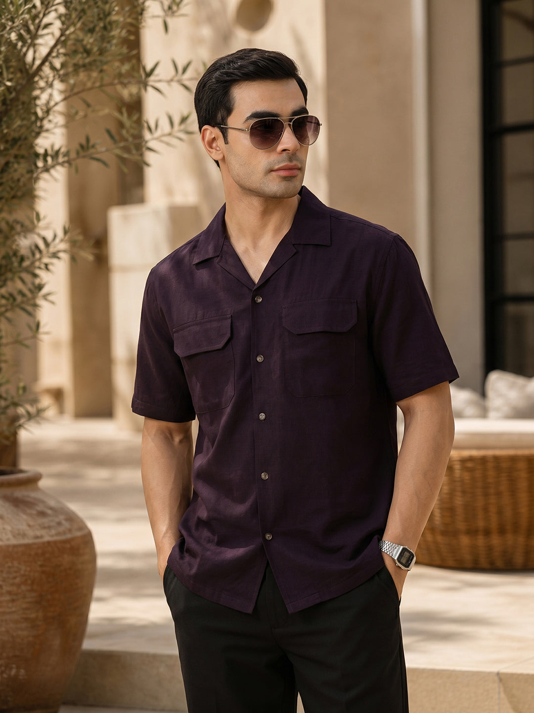 Thomas Scott Men Premium Wine Oversize Fit Short Sleeves Cuban Collar Textured Casual Shirt