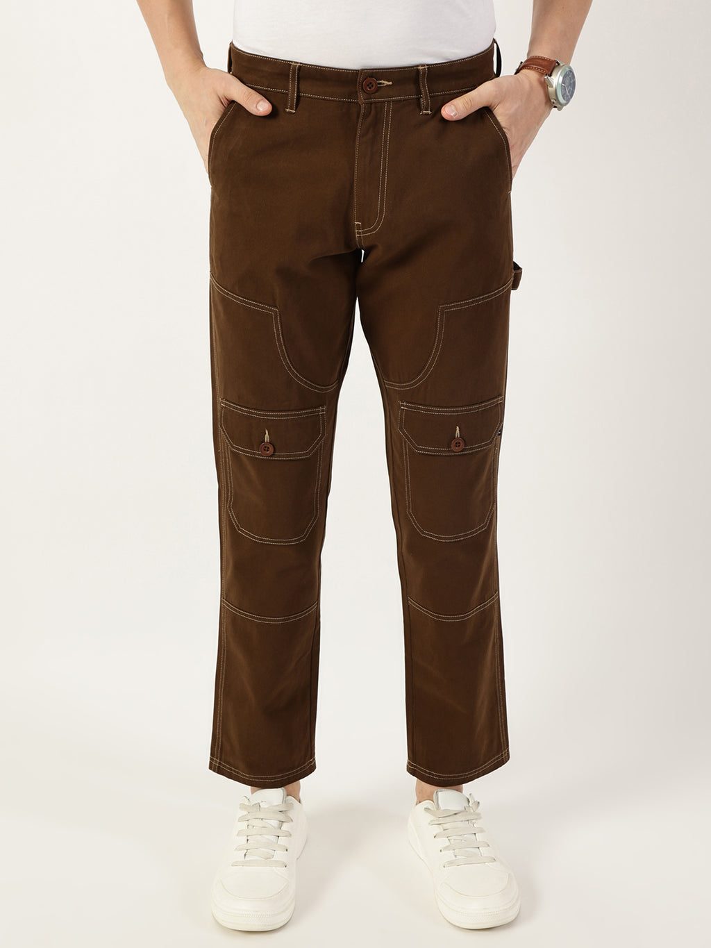 Thomas Scott Men Brown Smart Regular Fit Mid-Rise Solid Cotton Woven Trouser