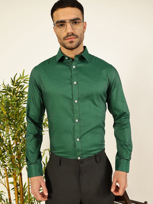 Thomas Scott Men Green Premium Slim Fit Long Sleeves Spread Collar Solid 100% Cotton Formal Shirt