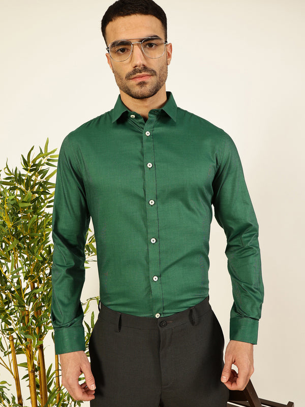 Thomas Scott Men Green Premium Slim Fit Long Sleeves Spread Collar Solid 100% Cotton Formal Shirt