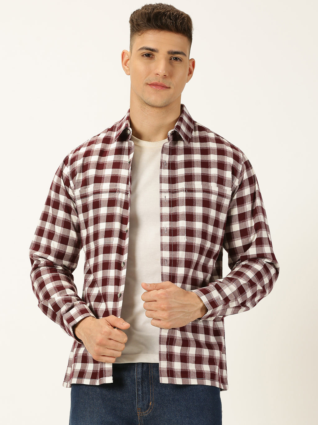 Thomas Scott Men Maroon Standard Long Sleeves Regular Fit Spread Collar Gingham Checked Cotton Casual Shirt