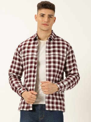 Thomas Scott Men Maroon Standard Long Sleeves Regular Fit Spread Collar Gingham Checked Cotton Casual Shirt