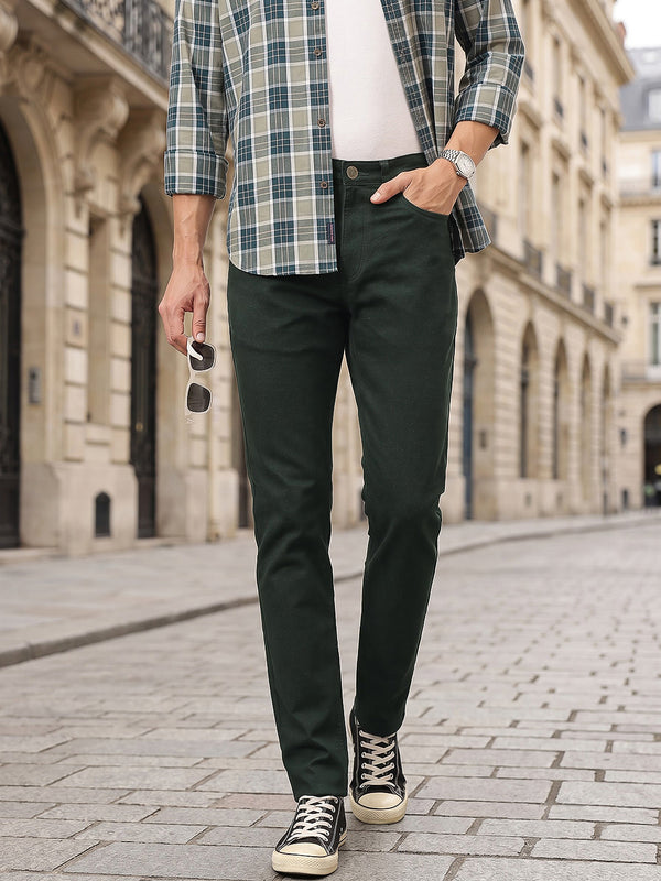 Olive Smart Straight Fit Mid-Rise Solid Woven Trouser For Men