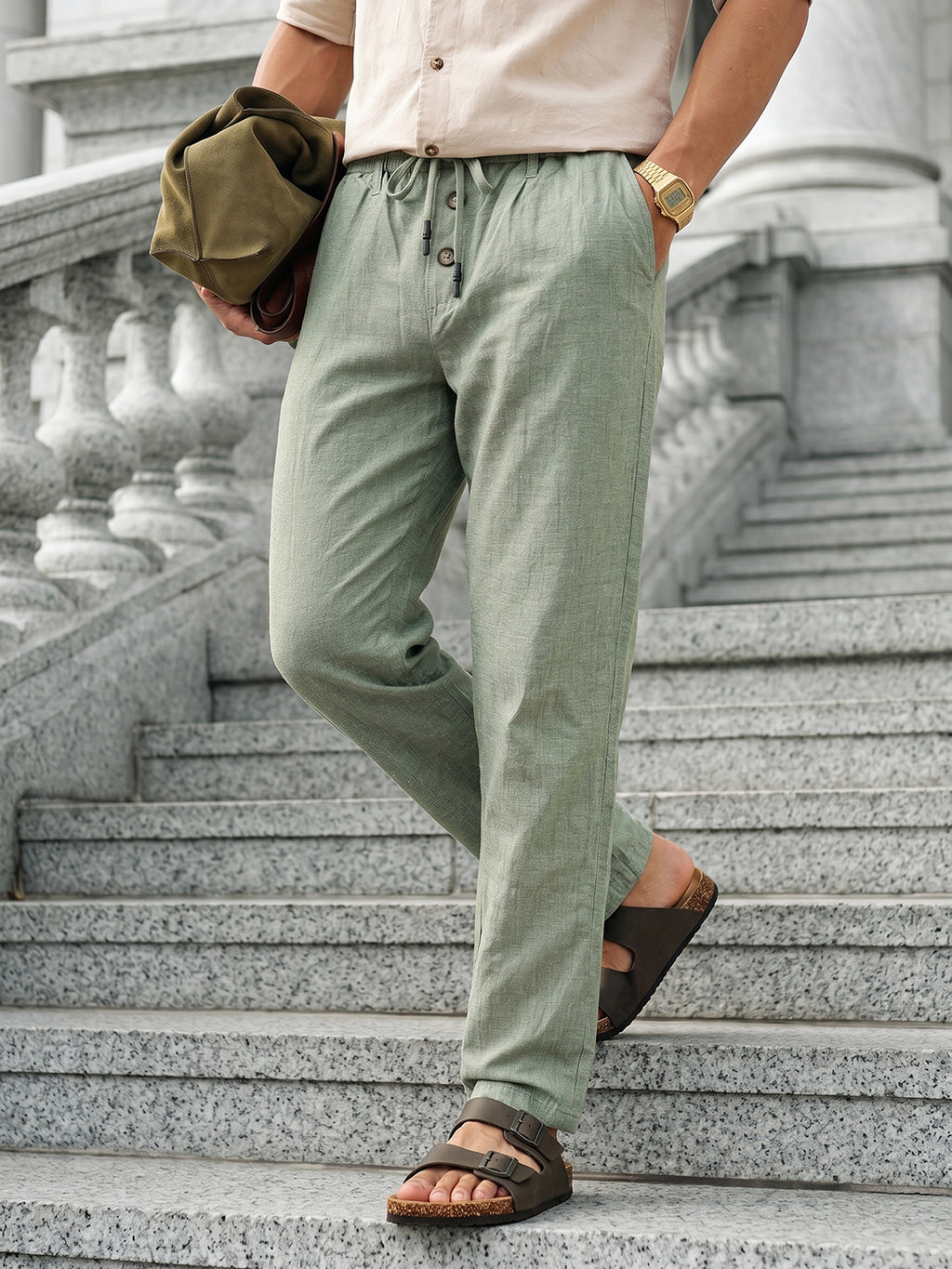 Thomas Scott Men Green Smart Relaxed Fit Mid-Rise Solid Cotton Linen Pleated Casual Trousers