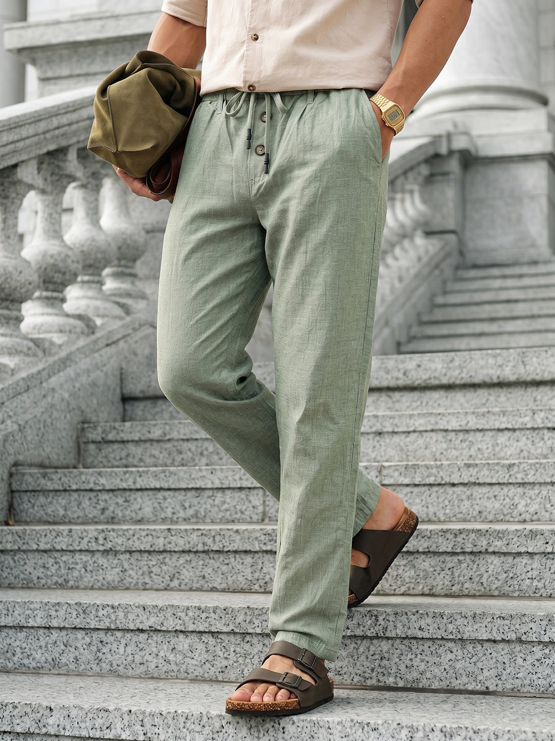 Thomas Scott Men Green Smart Relaxed Fit Mid-Rise Solid Cotton Linen Pleated Casual Trousers