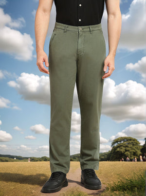 Olive Cricket Club Collection Straight Fit Mid-Rise Solid 4 Pockets 100% Cotton Woven Chinos Trouser