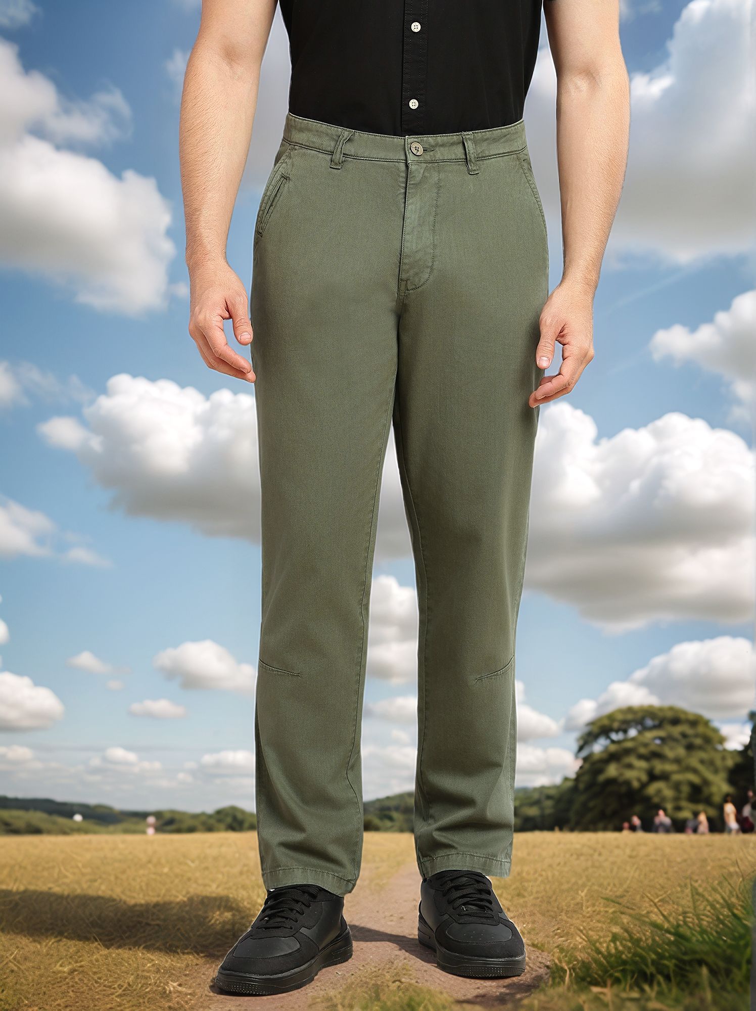 Olive Cricket Club Collection Straight Fit Mid-Rise Solid 4 Pockets 100% Cotton Woven Chinos Trouser