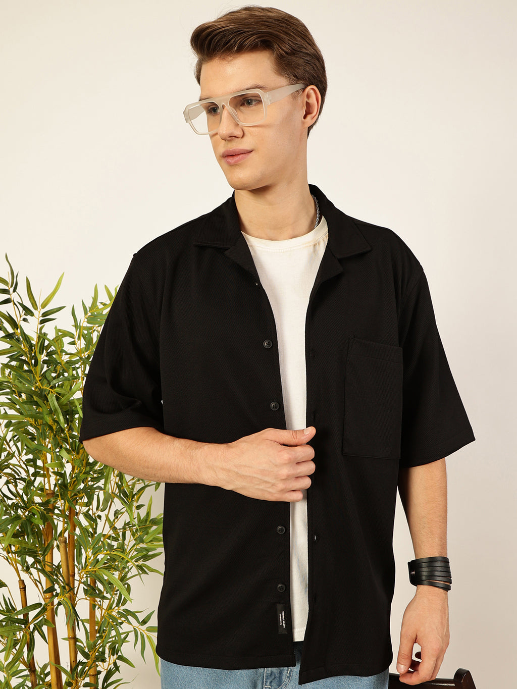 Thomas Scott Men Black Premium Short Sleeves Regular Fit Cuban Collar Textured Cotton Twill Shirt