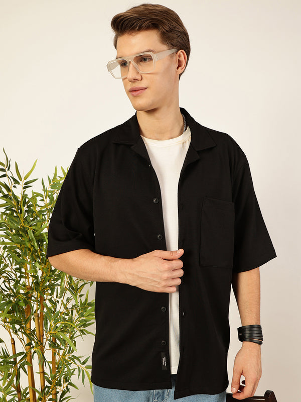 Black Premium Short Sleeves Regular Fit Cuban Collar Textured Cotton Twill Shirt For Men