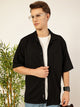 Thomas Scott Men Black Premium Short Sleeves Regular Fit Cuban Collar Textured Cotton Twill Shirt
