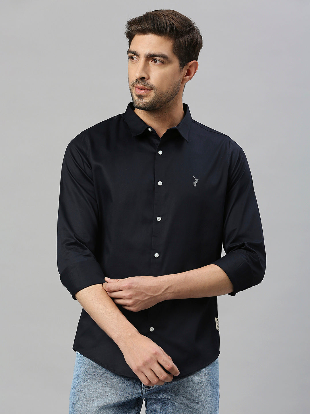 Thomas Scott Men Navy Classic Slim Fit Long Sleeves Spread Collar Solid Casual Shirt