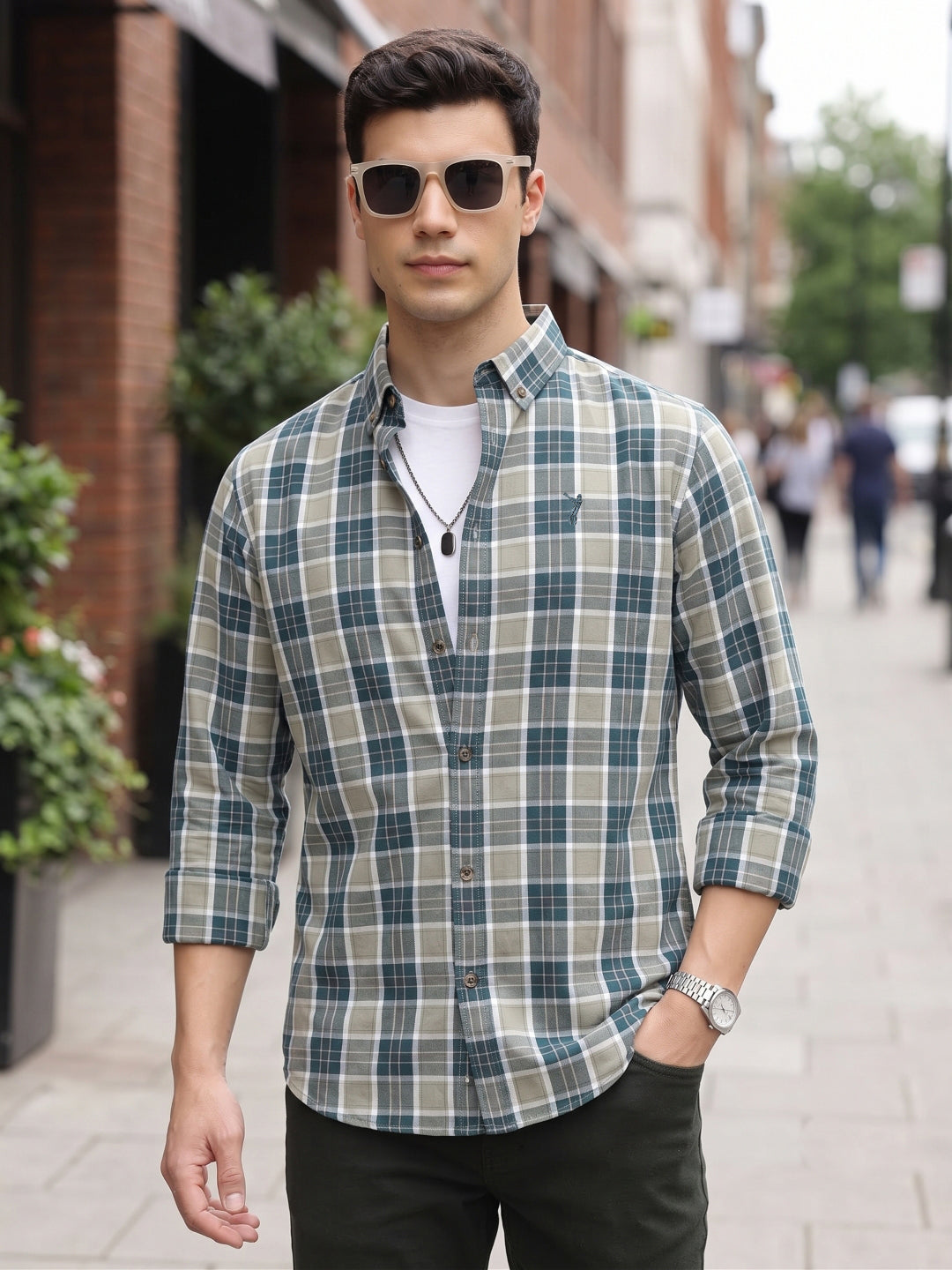 Olive Premium Regular Fit Tartan Checks Cotton Oxford Shirt For Men