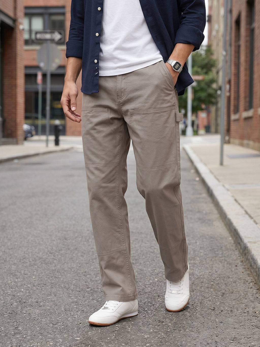 Grey Smart Easy Wash Regular Fit Mid-Rise Solid Woven Carpenter Trouser For Men
