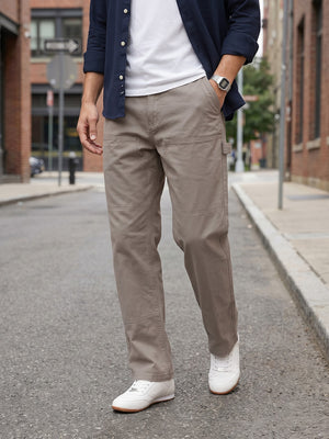 Grey Smart Easy Wash Regular Fit Mid-Rise Solid Woven Carpenter Trouser For Men