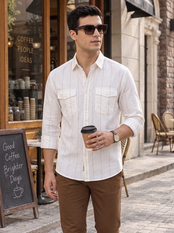 Natural Regular Fit Long Sleeves Spread Collar Vertical Stripes Cotton Linen Casual Shirt For Men