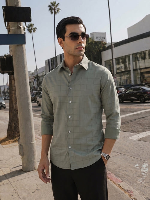 Thomas Scott Men Premium Sage Green Regular Fit Long Sleeves Spread Collar Windowpane Checks Cotton Lycra Casual Shirt