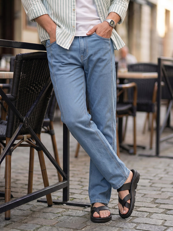 Mid Blue Smart Straight Fit Mid-Rise Clean Look Non-Stretchable Jeans For Men