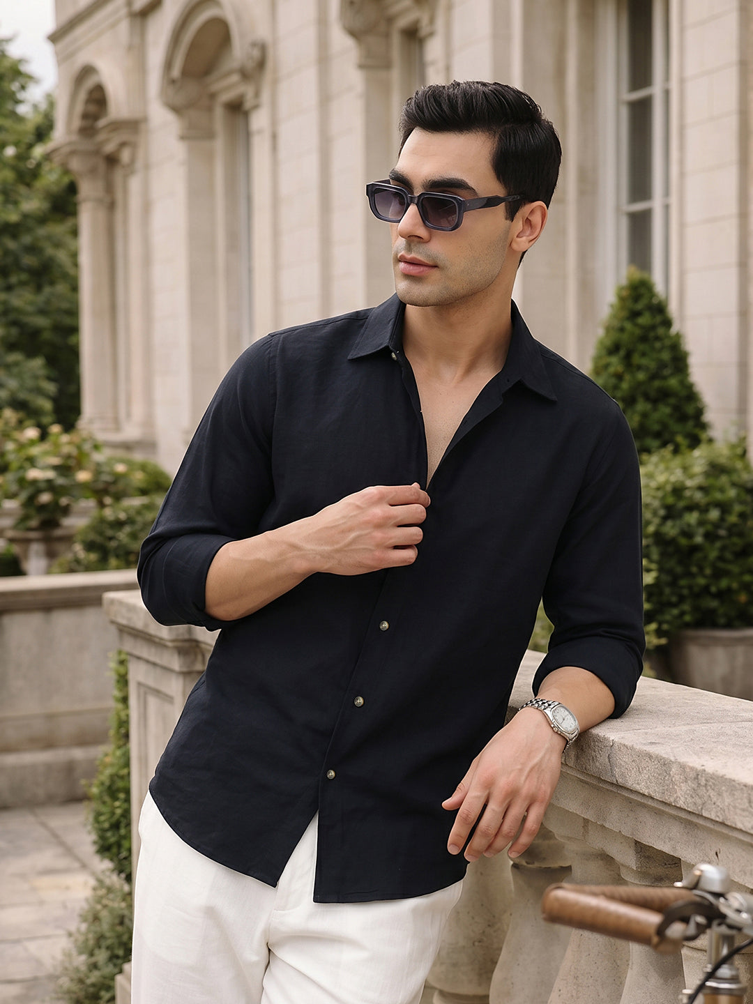 Thomas Scott Men Navy Premium Slim Fit Long Sleeves Semi Cutaway Collar Casual Shirt