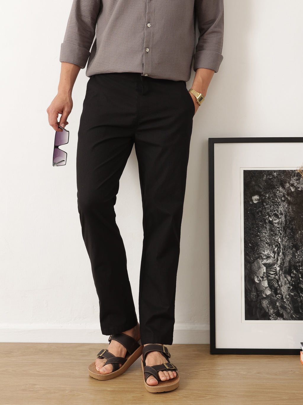 Thomas Scott Men Smart Black Regular Fit Mid-Rise Solid Woven Cotton Linen Trouser
