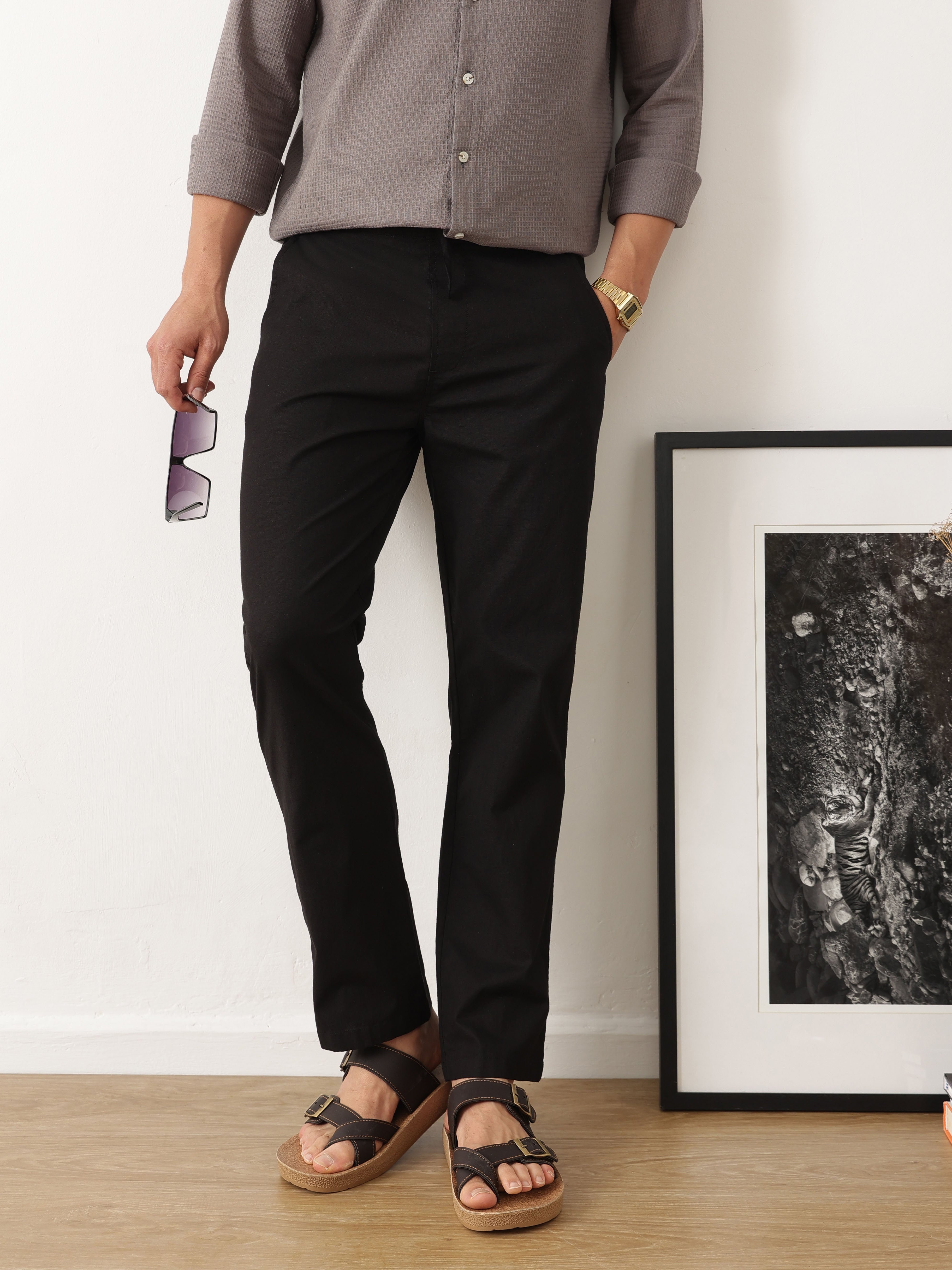 Thomas Scott Men Smart Black Regular Fit Mid-Rise Solid Woven Cotton Linen Trouser