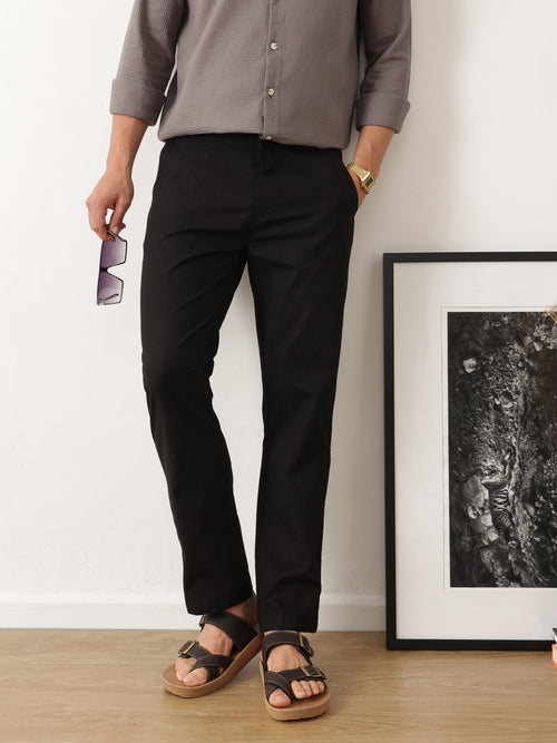Thomas Scott Men Smart Black Regular Fit Mid-Rise Solid Woven Cotton Linen Trouser