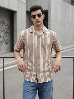 Brown Oversized Fit Vertical Stripes Cuban Collar Cotton Linen Casual Shirt For Men