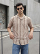 Brown Oversized Fit Vertical Stripes Cuban Collar Cotton Linen Casual Shirt For Men