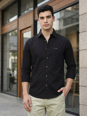 Black Premium Regular Fit Long Sleeves Spread Collar Solid Cotton Casual Shirt For Men