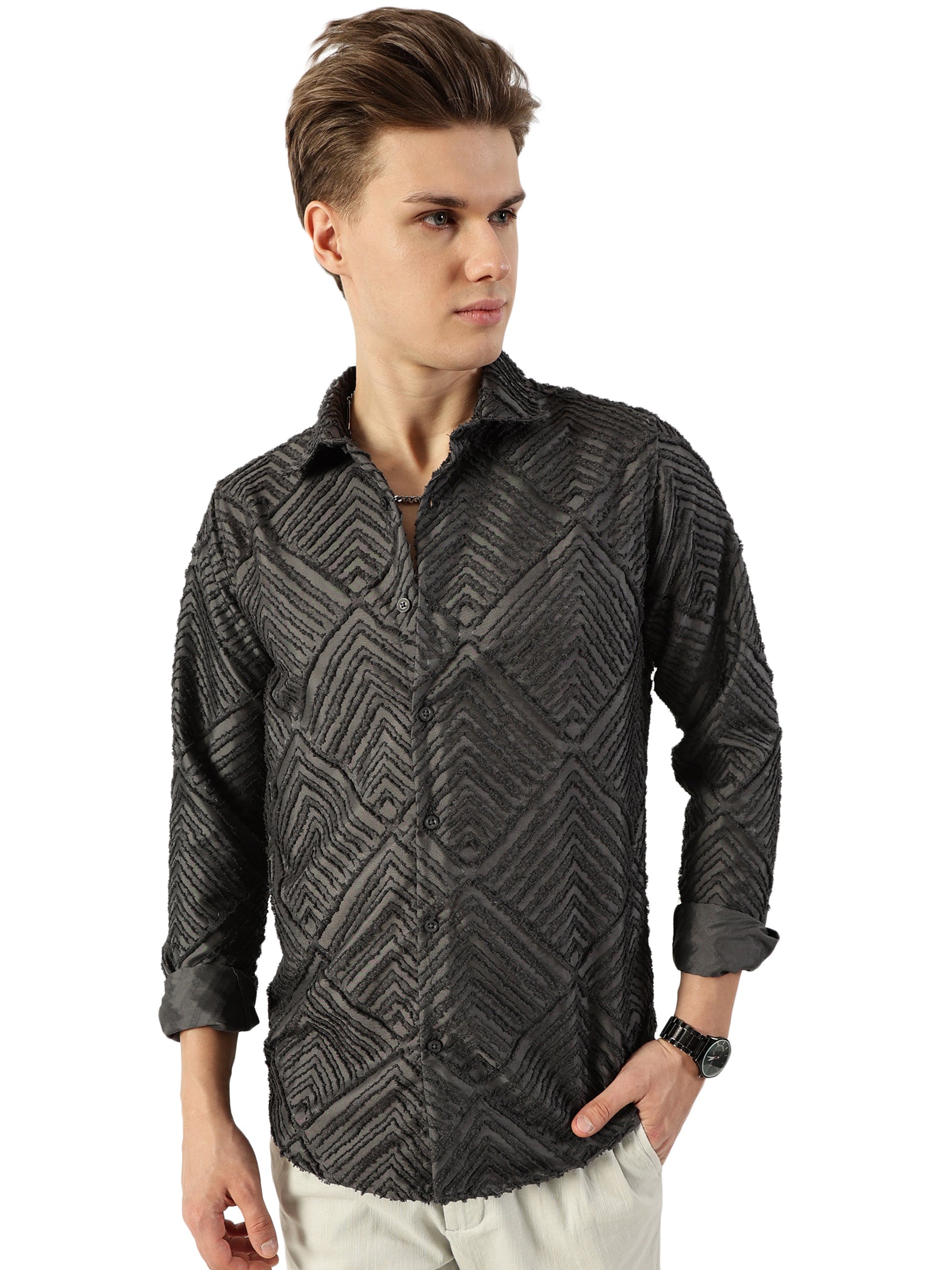 Thomas Scott Men Grey Premium Long Sleeves Slim Fit Spread Collar Textured Casual Shirt