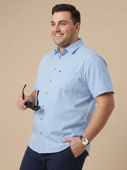 Thomas Scott Men Premium Blue Plus Size Regular Fit Short Sleeves Spread Collar Solid Twill Casual Shirt