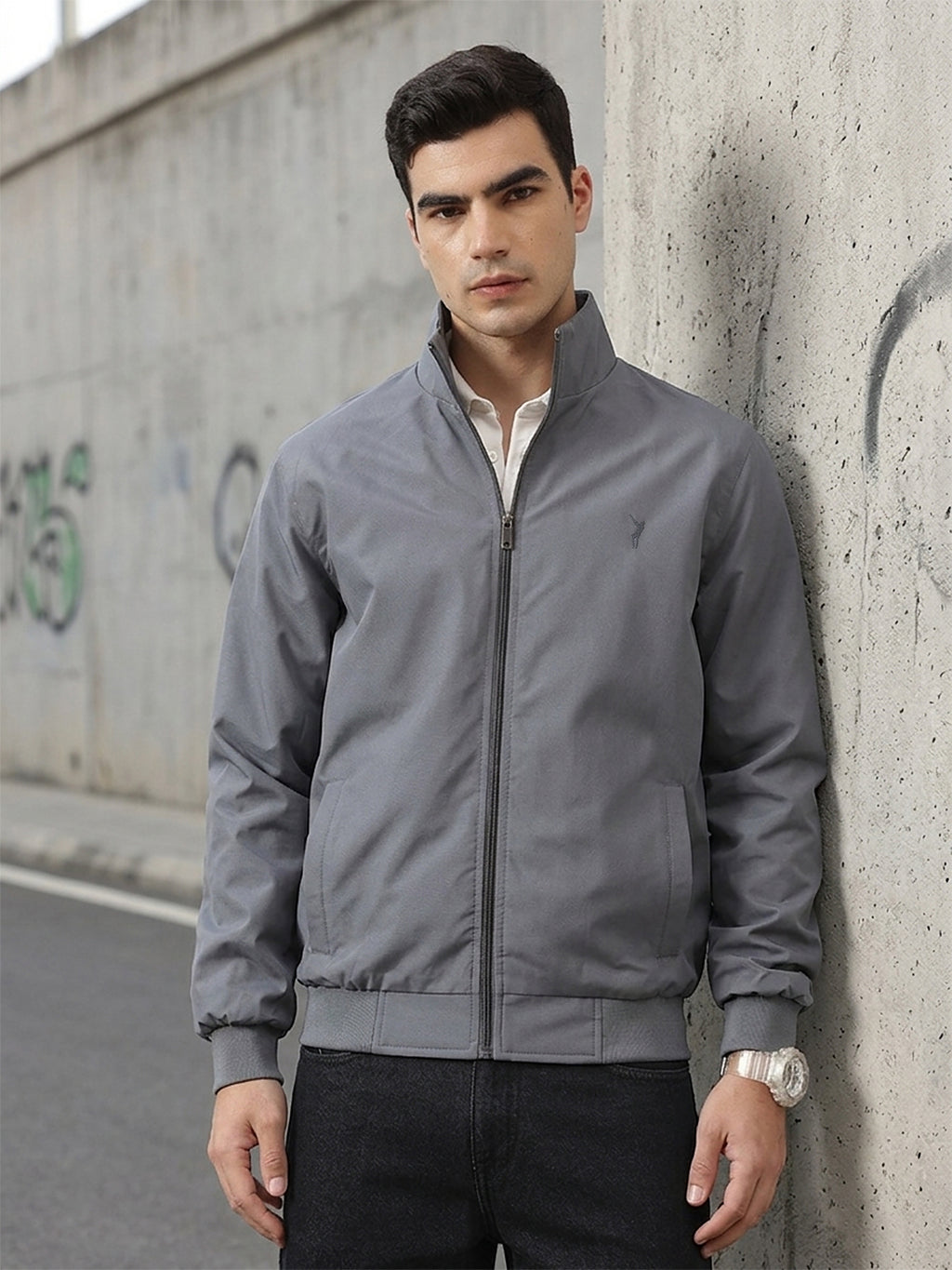 Grey Regular Fit Solid Full Sleeves Stand Collar Zip-Front Casual Bomber Jacket For Men