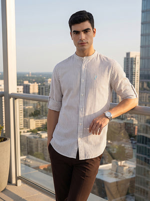 Maroon Regular Fit Vertical Striped Cotton Linen Casual Shirt For Men with Roll-Up Sleeves