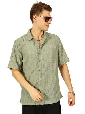 Thomas Scott Men Green Premium Oversized Short Sleeves Spread Collar Textured Casual Shirts