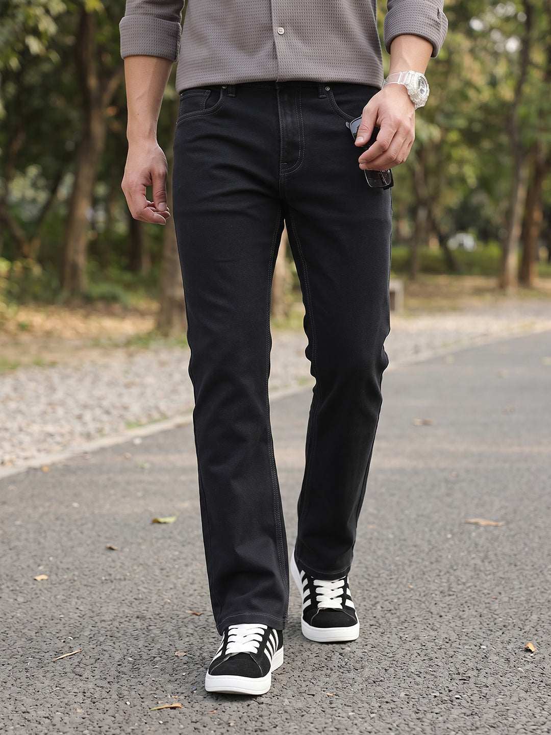 Black Smart Bootcut Fit Mid-Rise No Faded Clean Look Stretchable Jeans For Men