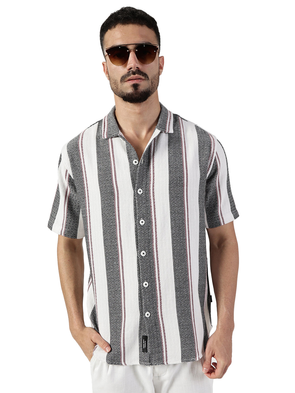 Thomas Scott Men White Premium Slim Fit Short Sleeves Spread Collar Vertical Stripes Cotton Casual Shirts