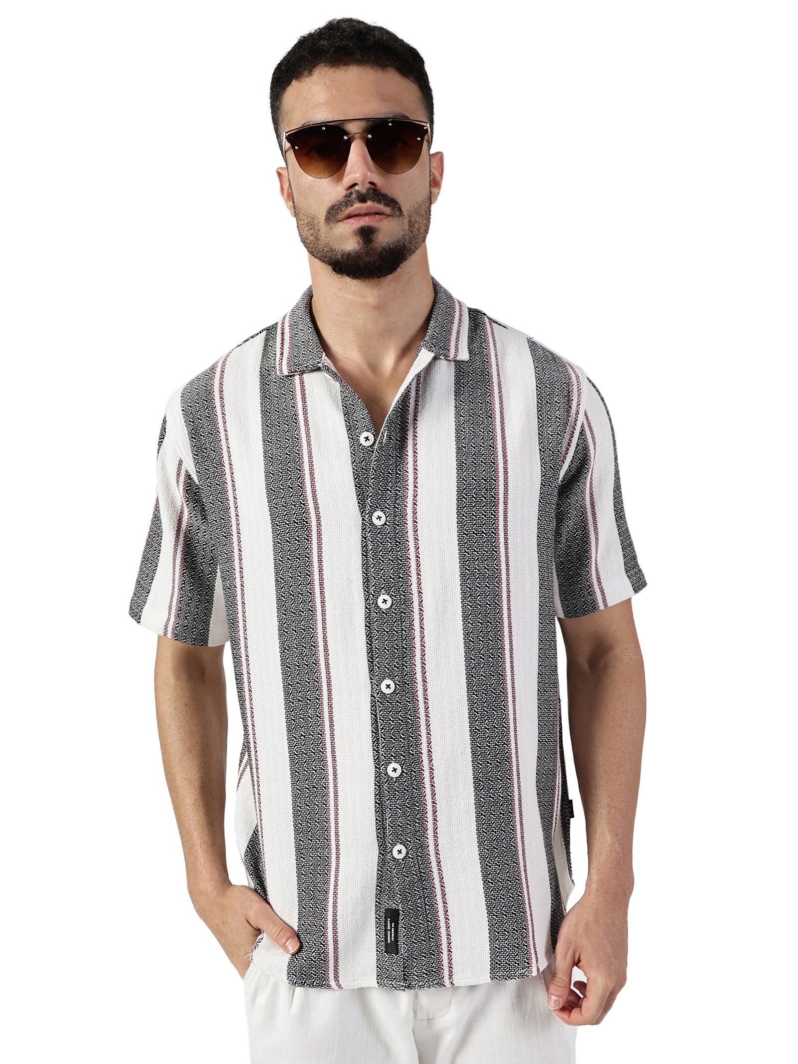 Thomas Scott Men White Premium Slim Fit Short Sleeves Spread Collar Vertical Stripes Cotton Casual Shirts