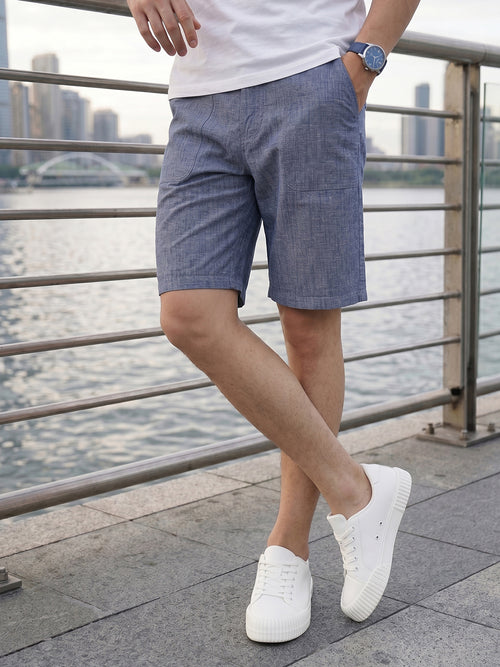 Thomas Scott Men Navy Regular Fit Mid-Rise Solid Woven Cotton Linen Shorts