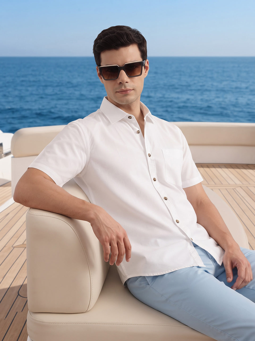 Optical White Regular Fit Short Sleeve Spread Collar Solid Oxford Cotton Casual Shirt For Men