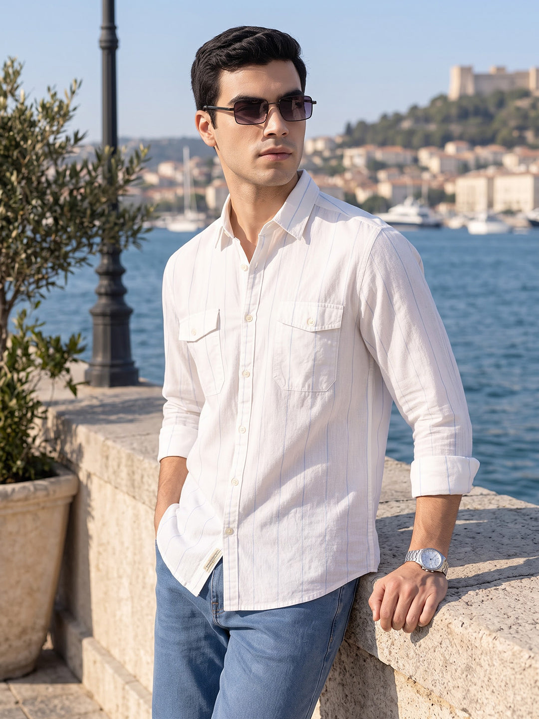Light Blue Regular Fit Long Sleeves Spread Collar Vertical Stripes Cotton Linen Casual Shirt For Men