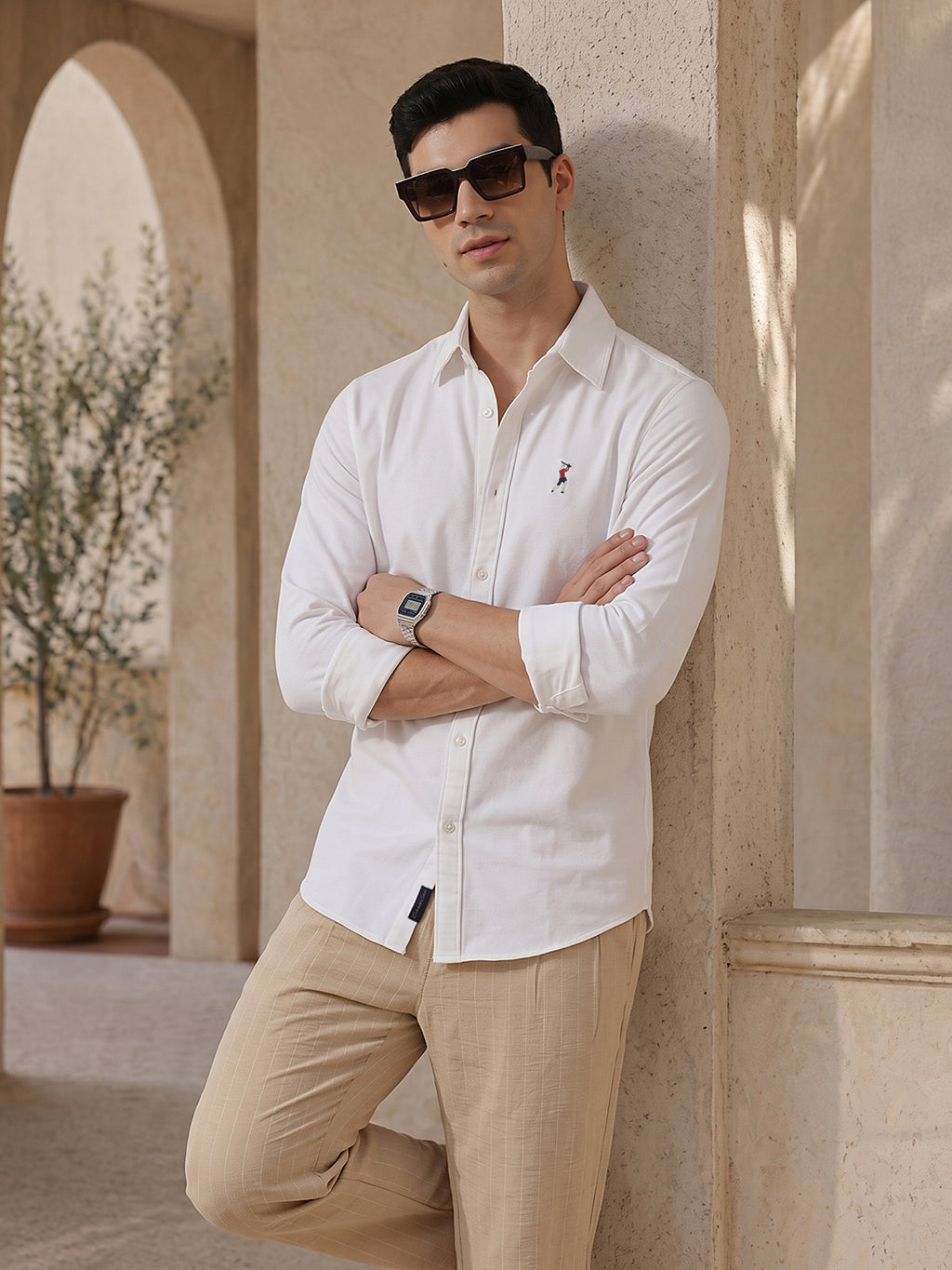 White Premium Regular Fit Spread Collar Full Sleeve Solid Cotton Casual Shirt For Men