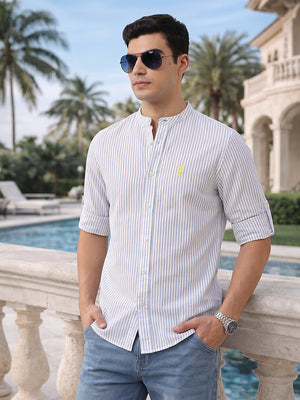 Blue Regular Fit Vertical Striped Cotton Linen Casual Shirt For Men with Roll-Up Sleeves