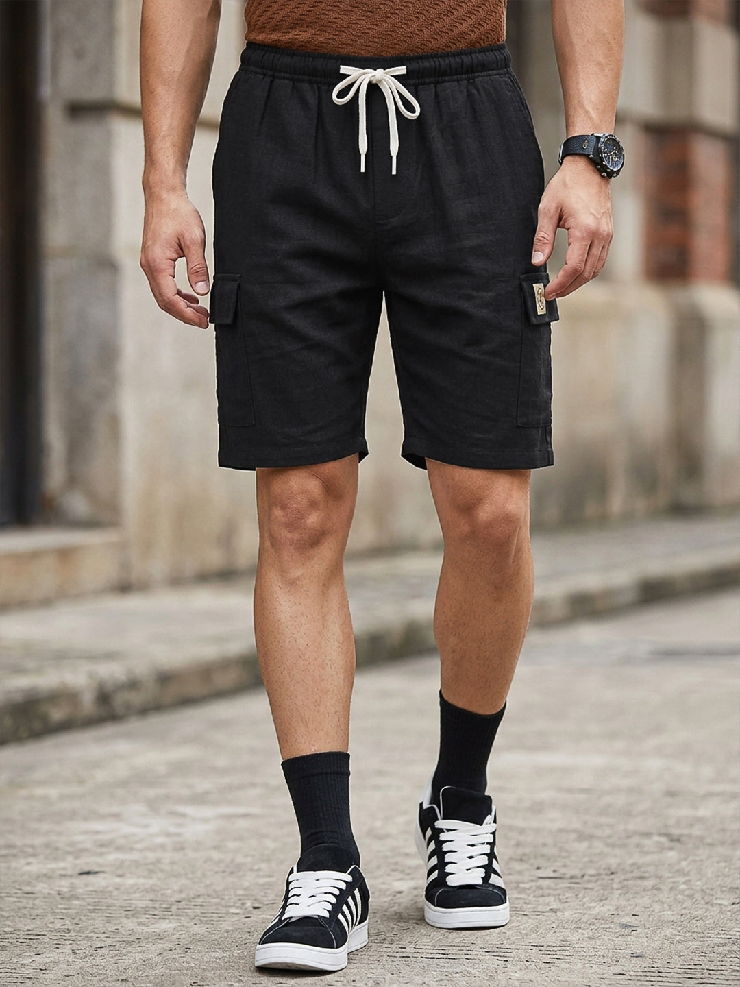 Black Regular Fit Mid-Rise Textured Cotton Linen Cargo Shorts For Men