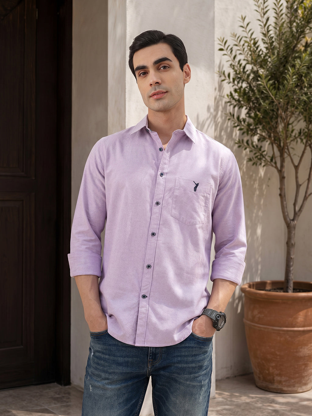 Thomas Scott Men Purple Premium Slim Fit Long Sleeves Spread Collar Solid Cotton Twill Casual Shirt