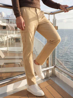 Beige Cricket Club Collection Straight Fit Solid 4 Pockets Design Woven Cargo Trouser