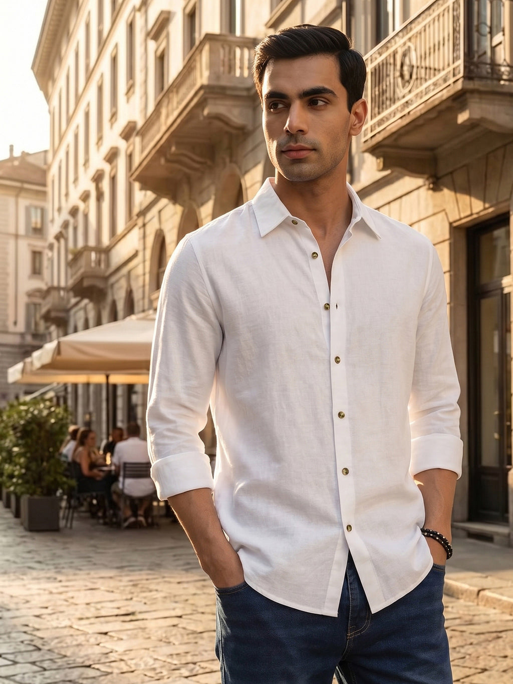 Thomas Scott Men White Premium Slim Fit Long Sleeves Semi Cutaway Collar Textured Casual Shirt