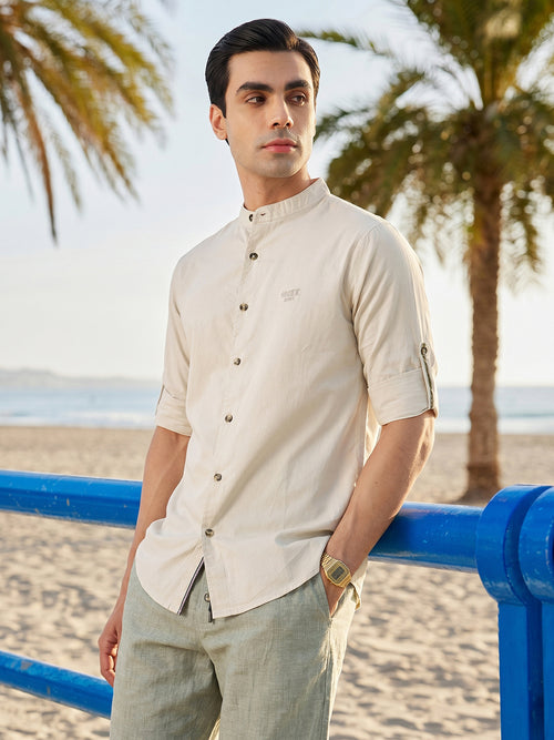 Thomas Scott Men Beige Premium Regular Fit Long Roll-Up Sleeves Mandarin Collar Solid Cotton Casual Shirts