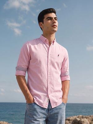 Light Pink Premium Regular Fit Button-Down Collar Solid Pure Cotton Casual Shirt For Men