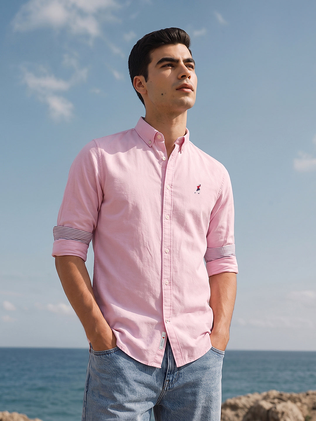 Light Pink Premium Regular Fit Button-Down Collar Solid Pure Cotton Casual Shirt For Men