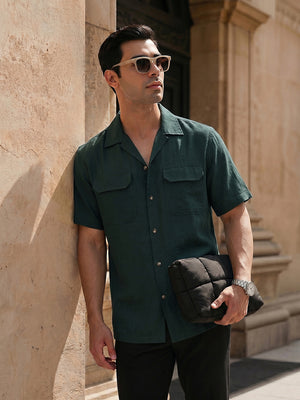 Thomas Scott Men Premium Olive Oversize Fit Short Sleeves Cuban Collar Textured Casual Shirt